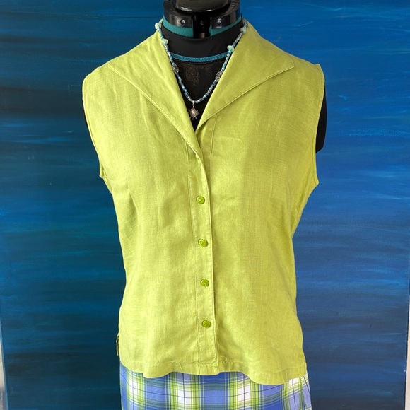 Kim Rogers Tops - Kim Rogers Linen Chartreuse Vibrant Light Lime Green Sleeveless Blouse Size M